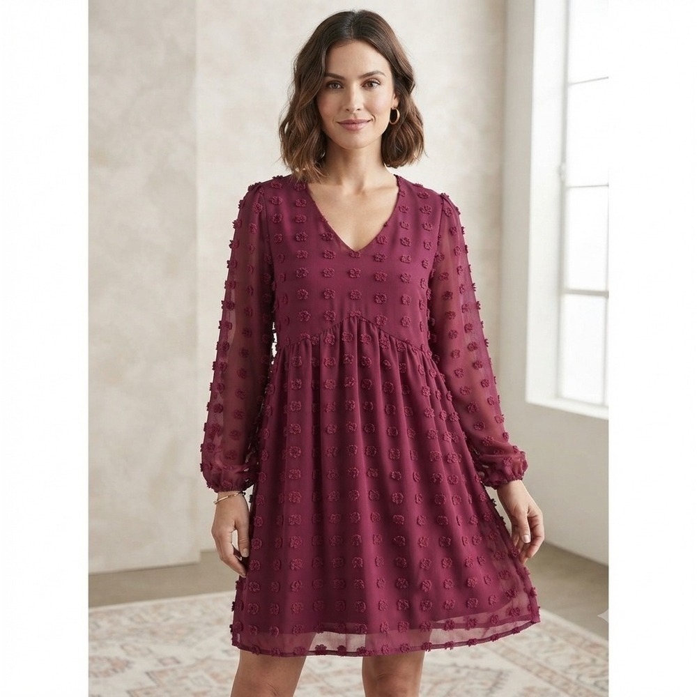 ABYOXI Burgundy Pom Pom Swiss Dot Babydoll Mini Dress Long Sleeve Medium